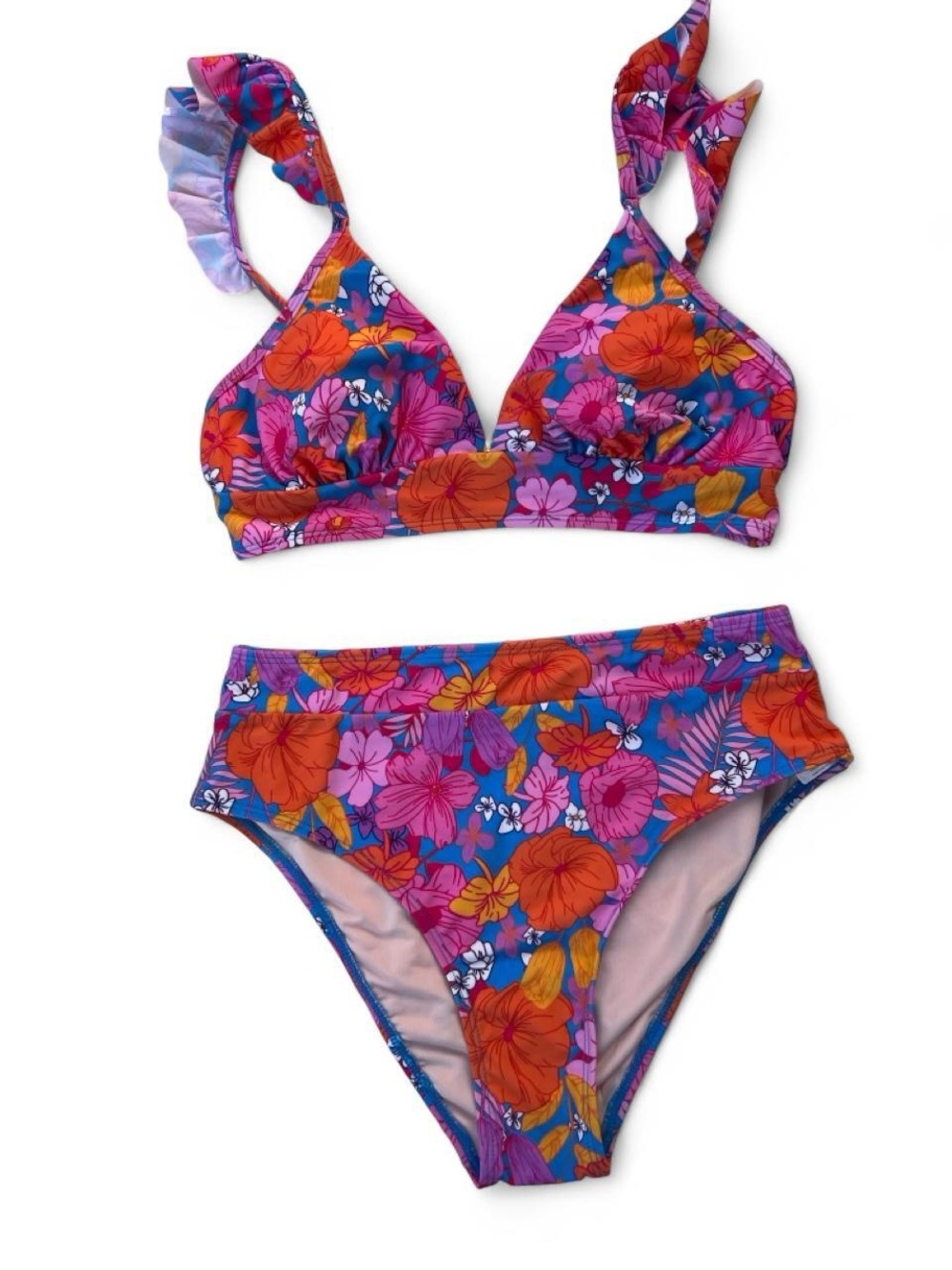 NWT CUPSHE RUFFLE BIKINI - TROPICAL PRINT - size small - pink blue